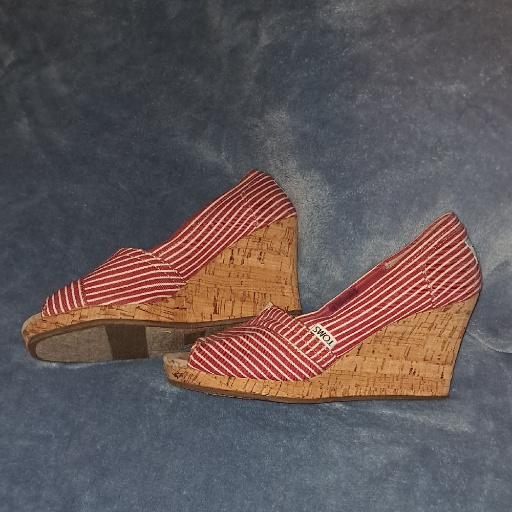 Toms Red Striped Cork Wedges